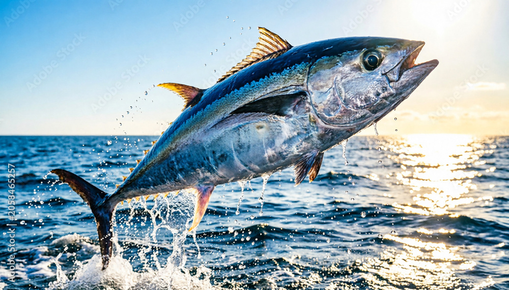 Obraz premium Tuna jumping out of the ocean water