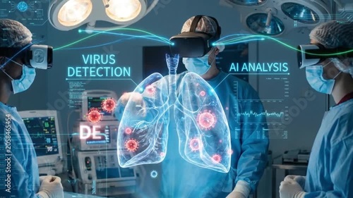 Medical team using VR headsets for AI lung analysis and virus detection, surgeons interacting with futuristic digital hologram of lungs in modern operating room.