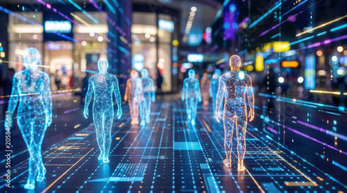 Digital human, city street, future technology, data network, glowing figure, consumer behavior