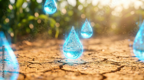 Glowing blue water drop over dry soil in sunny field, smart irrigation concept
