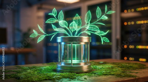 Eco friendly ai concept glowing green digital ax with leaf and moss on table