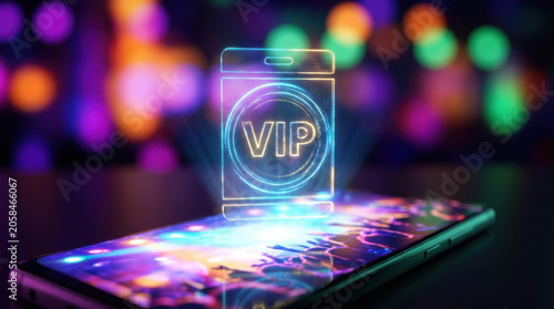 Glowing vip ticket on smartphone for event marketing concept with neon light and bokeh background
