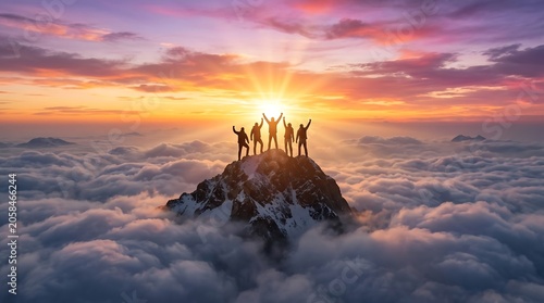 Silhouette of a team celebrating victory on a snowy mountain peak above clouds at sunrise, symbolizing success and achievement.