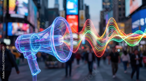 Glowing megaphone with rainbow wave in city crowd, outbound marketing concept