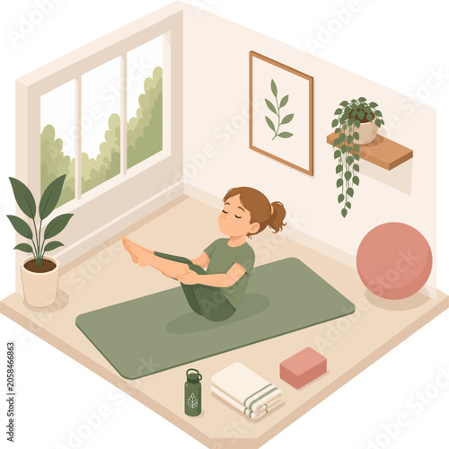 Isometric illustration of a woman performing boat pose or Navasana on a yoga mat during a home fitness and core strengthening workout.