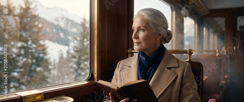 Senior woman reading a book while traveling on a scenic vintage train