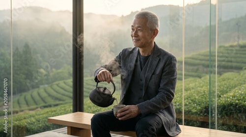Senior man pouring tea in a glass house overlooking a misty tea plantation