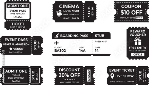 Set of black and white vector ticket designs featuring various event passes and discount coupons