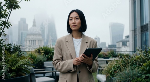Young businesswoman holding digital tablet standing on office terrace in big city