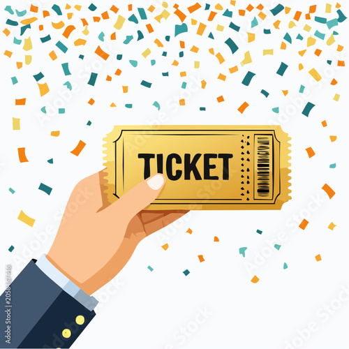 Person in suit holding ticket with festive confetti