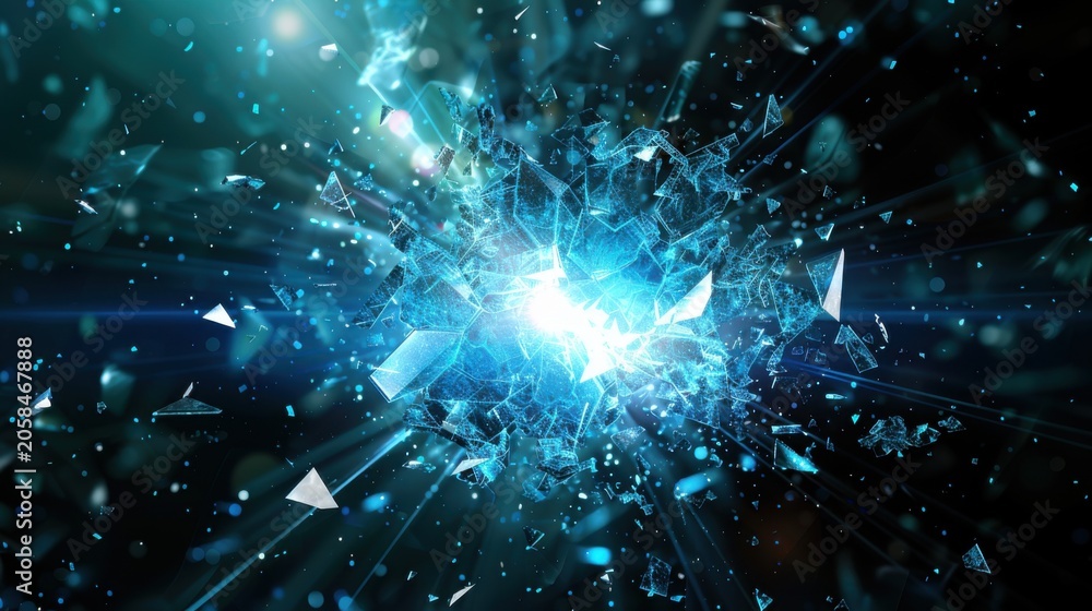 Fototapeta premium Blue glass fragments explode outward from a brilliant central energy core, delivering a dramatic visual for disruption, impact, transformation, cybersecurity and technology concepts.