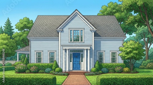 Charming Two-Story House with Lush Greenery and a Welcoming Pathway in a Sunny Setting.