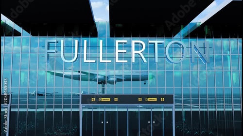 Airlane landing at Fullerton, USA. Arrival in the city with reflection of airport and aircraft