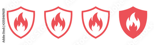 Fire safety shield icons, flame protection symbols for hazard prevention, emergency warning, security and vector illustration design.