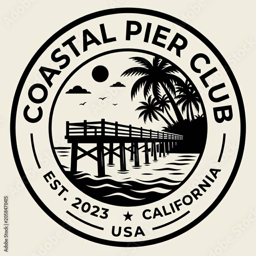 Coastal Pier Club California USA Vintage Vector Badge Design With Palm Trees And Ocean