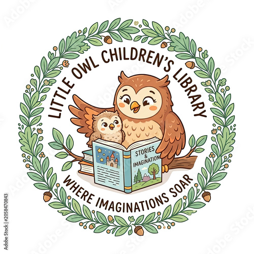 Cute vector illustration of mother owl reading book to baby owl inside a leafy wreath for children library logo
