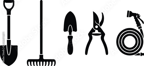 Konstfotografi Set of gardening tools icons, including shovel, rake, trowel, pruning shears and