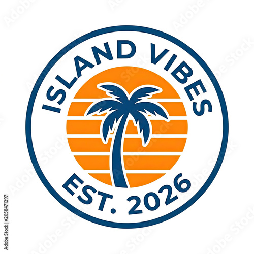 Island vibes emblem with palm tree and sunset retro badge vector