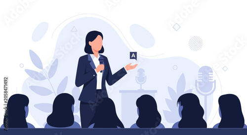 Female Speaker Addresses Audience with Microphone, Presentation, Q&A Session, Conference, Business Meeting