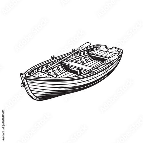 Wooden rowboat with oars line art vector illustration of a small dinghy isolated on white background.