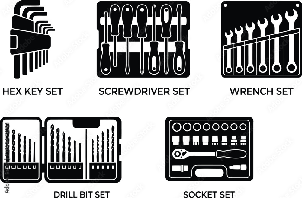 Obraz premium Set of various hand tools icons, including hex key, screwdriver, wrench, drill bit, and socket sets