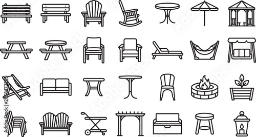Outdoor furniture and garden decor line icons set featuring benches chairs tables fire pit and patio accessories vector illustration