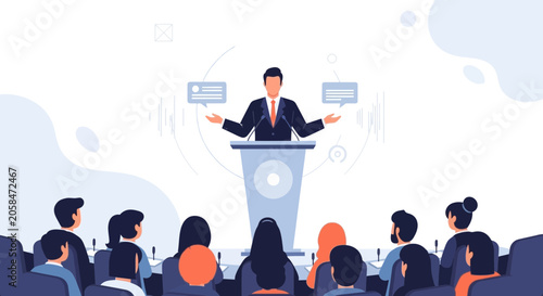 Man giving speech at podium to audience, business presentation, meeting, conference, vector illustration