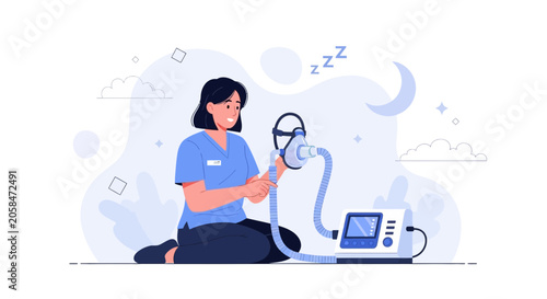 Nurse assists patient with CPAP machine for sleep apnea treatment, illustrating night therapy and respiratory care.