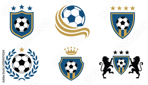 Soccer trophy shield emblem set, laurel wreath crown star ribbon lion crest for club identity, sports branding and vector illustration design.