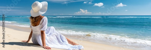 Woman in white dress and sun hat sitting on a pristine tropical beach, looking at the calm blue ocean