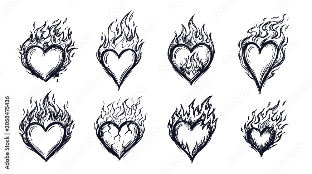 Fototapeta premium Flaming Heart Tattoo Collection Featuring Vintage Black and White Line Art Illustrations