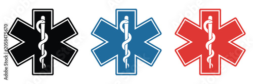 Emergency medical star of life icons set, Asclepius rod symbols for EMS, ambulance response, healthcare rescue and vector illustration design.