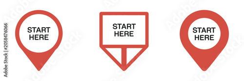 Start here map icon collection, GPS location pin navigation symbols for travel guidance, mapping interface and vector illustration design.