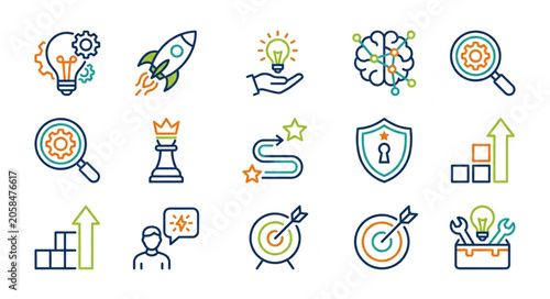 Collection of business and strategy icons representing innovation and success.