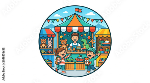 Children playing at a carnival game booth winning prizes.