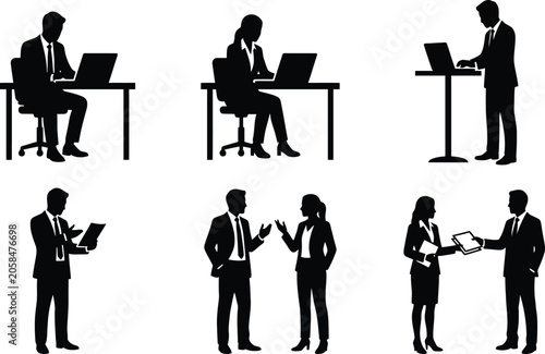 Black silhouettes of business people working and communicating