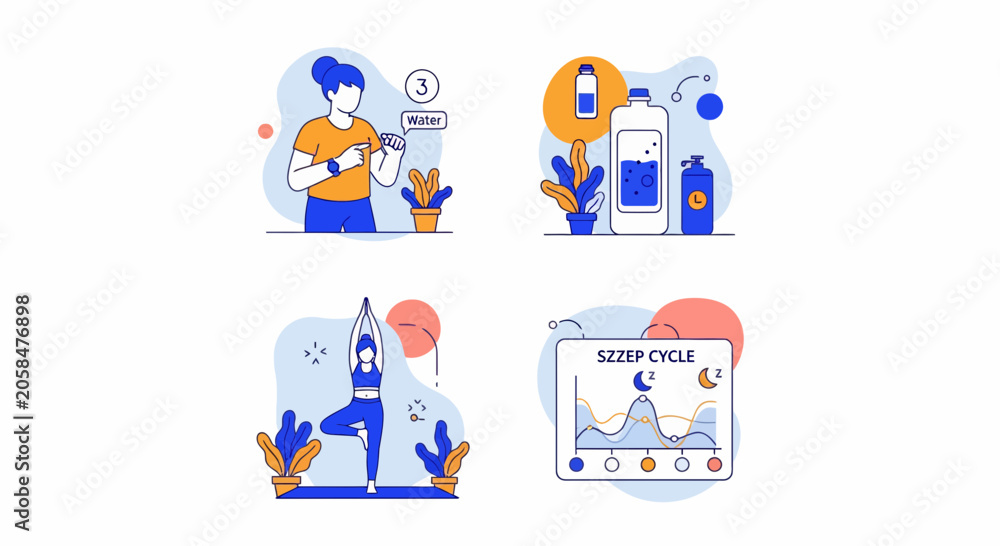 Fototapeta premium Icon set for healthy life yoga water sleep habit daily wellness track sport skin care body mind wellness health