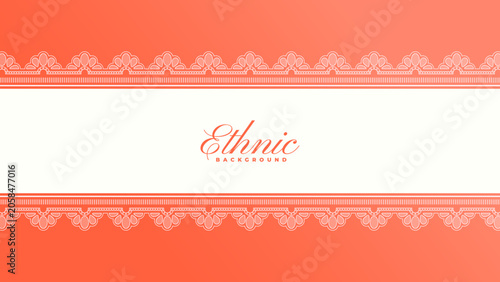 Elegant peach ethnic background template with traditional white ornamental lace border, floral motif, and central copy space for invitations and banners.