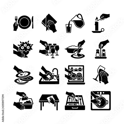 Schilderij op canvas Flat black silhouette icon set of dining and table setting activities featuring