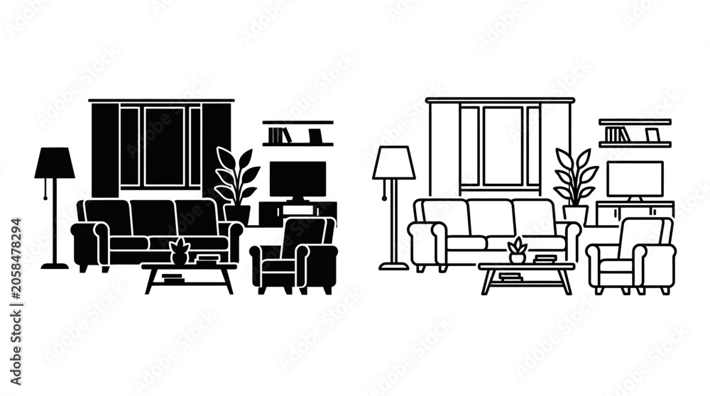 Fototapeta premium Living room furniture arrangement black and white line drawing
