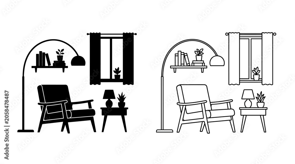Fototapeta premium Furniture silhouettes against a white background linear interior design elements
