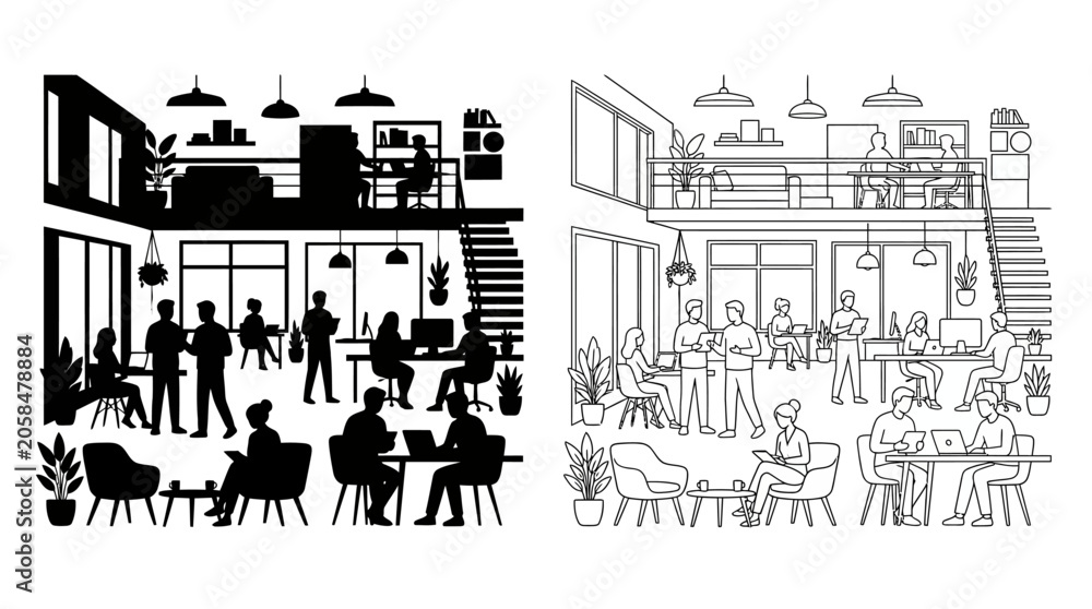 Obraz premium Office Interior Illustration Black And White Line Art With People