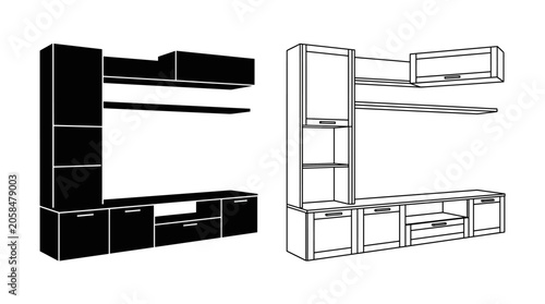 Obraz na płótnie Entertainment Center Sketch With Shelves And Cabinets Black And White