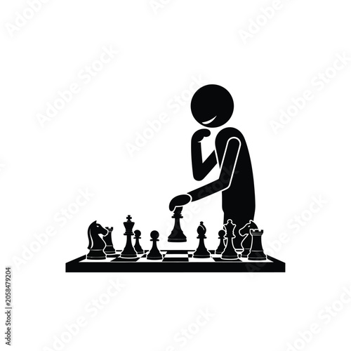 Black silhouette illustration of a person playing chess, leaning over a chessboard and moving a chess piece during a game.
