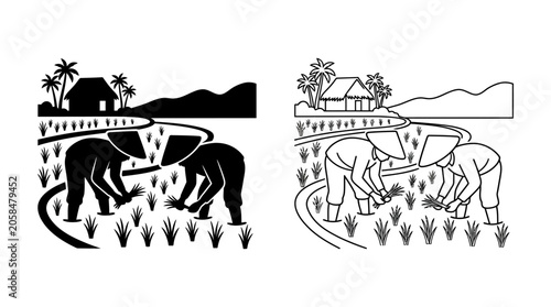 Fotografi Farmers Plowing Field With Oxen Black And White Line Illustration