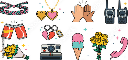 Obraz na plátně friendship day vector element icon set with best friend locket camera hands phon