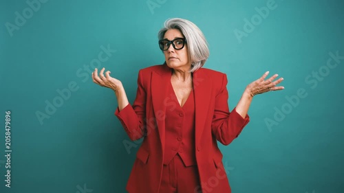 Mature elegant businesswoman in a red suit shrugging shoulders and expressing confusion. Puzzled older woman gesturing with open hands