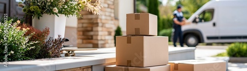 Delivery boxes waiting at the entrance to a house delivered by courier service arriving with truck, shipping and e-commerce concept image with copy space