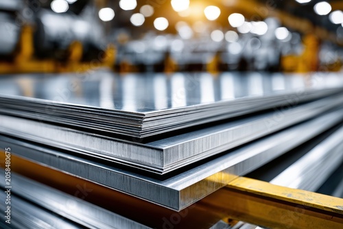 Stack of shiny metallic sheets in an industrial setting