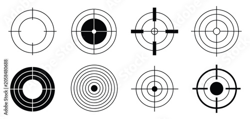 Target point icons set, goal marker and focus symbols for success planning achievement and vector illustration design.
